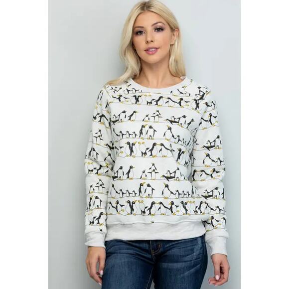 NWT L.A Soul Dancing Penguin Crewneck Pullover Sweatshirt White Women's L - Picture 1 of 14